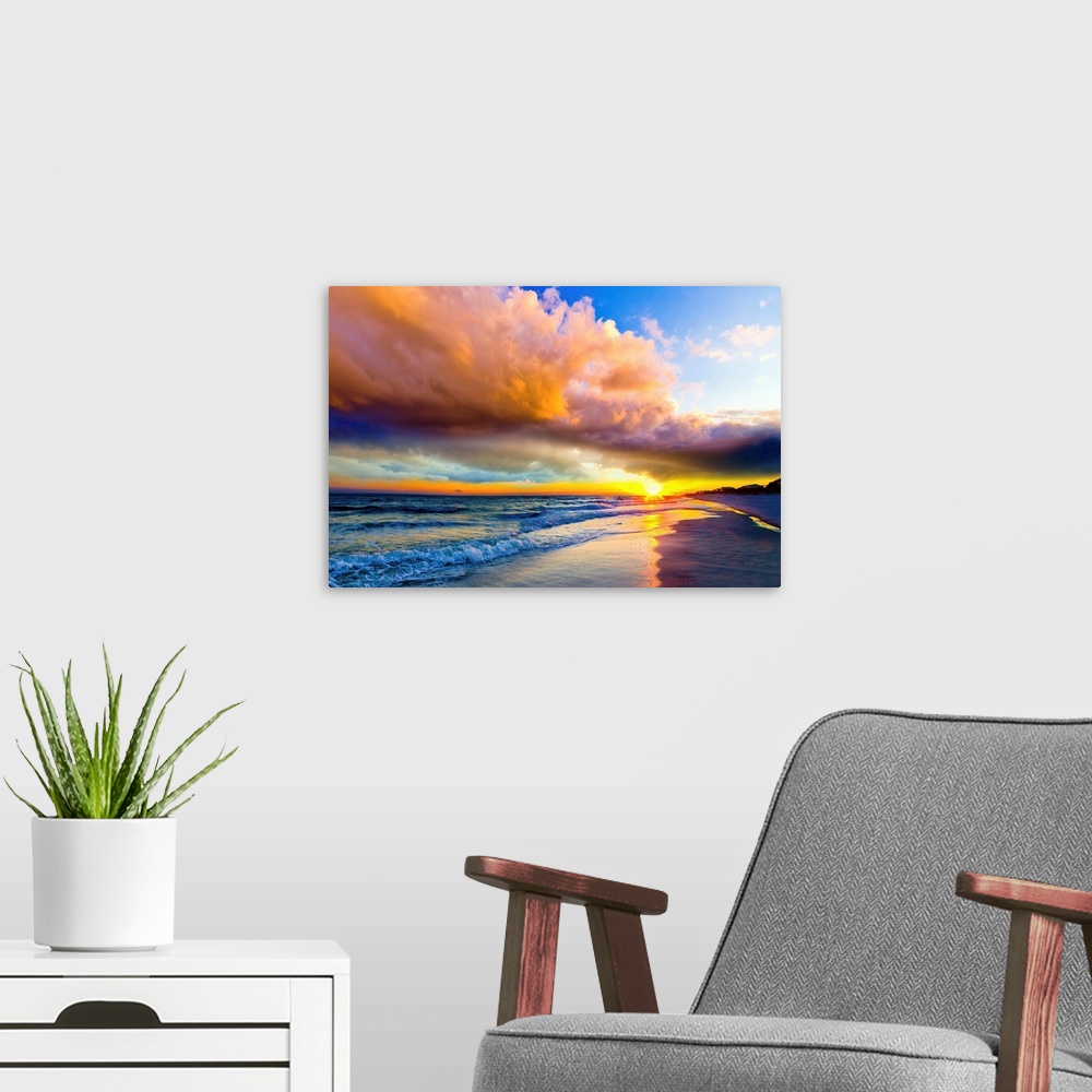 A modern room featuring Heaven and earth colorful landscape featuring the sea below a sunset with the colors of heaven. D...