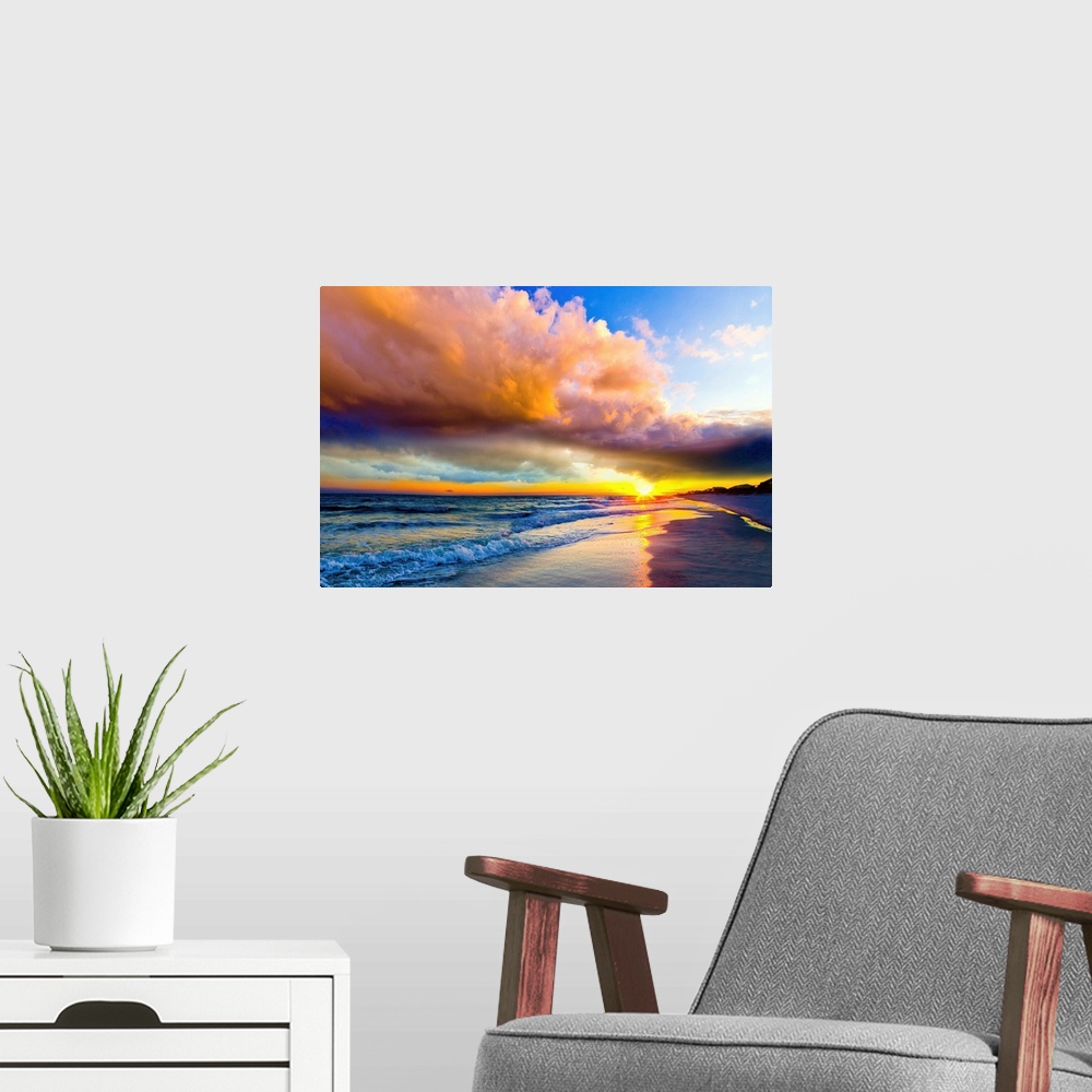 A modern room featuring Heaven and earth colorful landscape featuring the sea below a sunset with the colors of heaven. D...