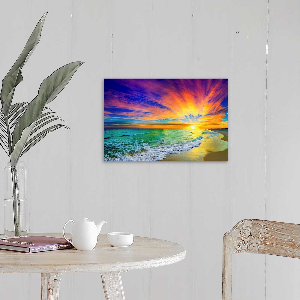 A farmhouse room featuring A landscape of a colorful ocean sunset in this green sea photo. An art print featuring waves on t...