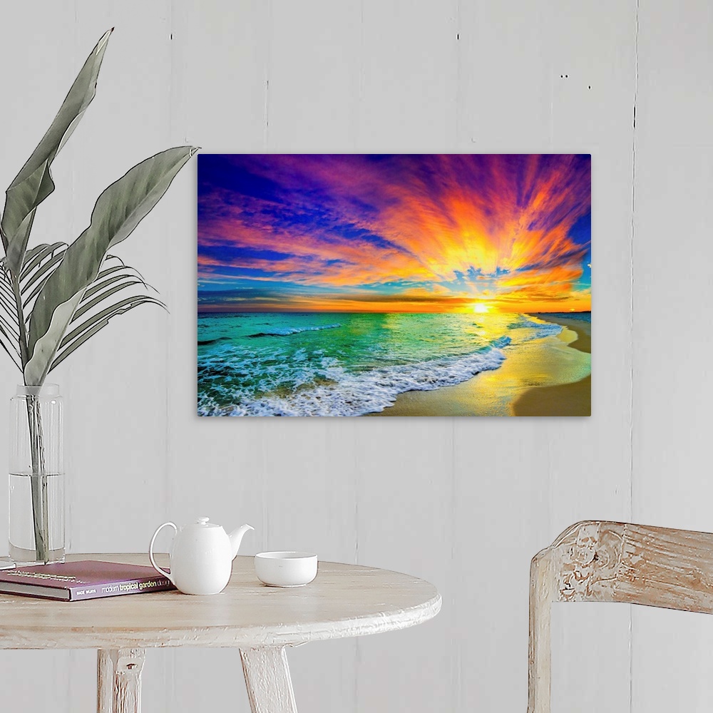 A farmhouse room featuring A landscape of a colorful ocean sunset in this green sea photo. An art print featuring waves on t...