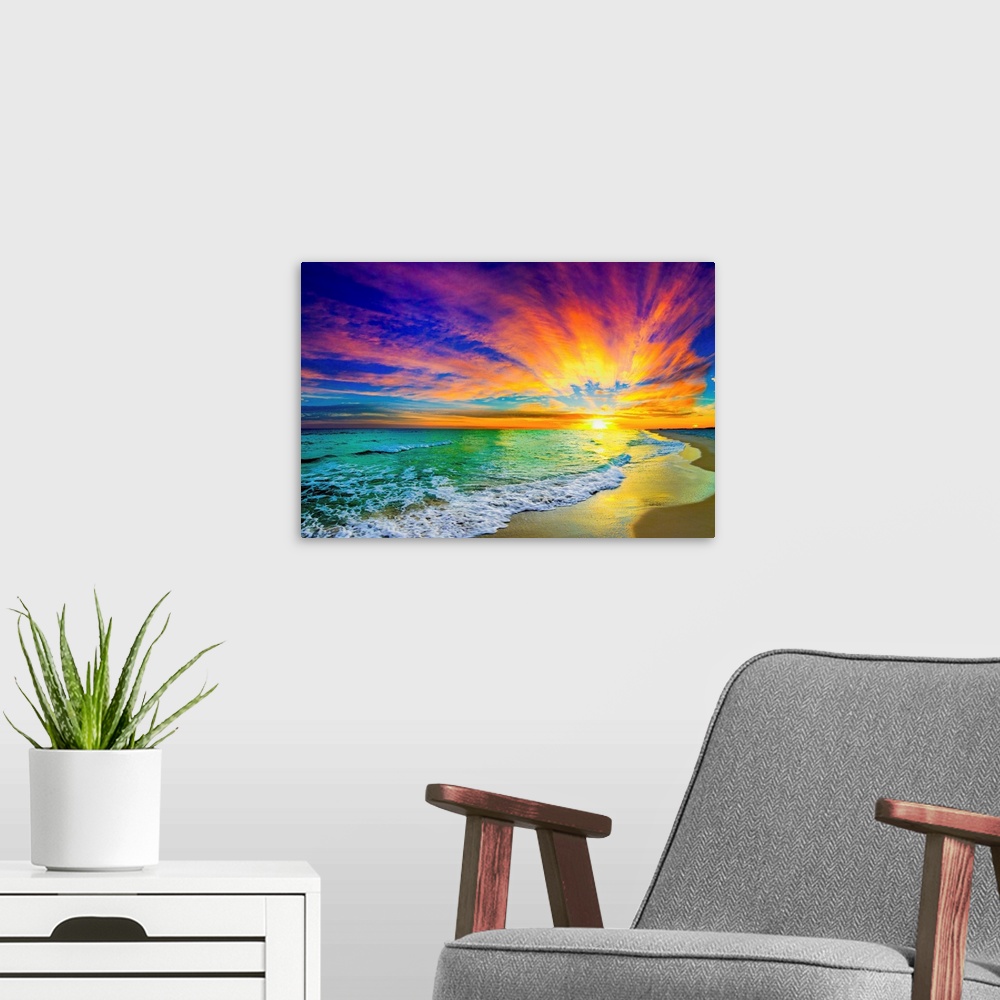 A modern room featuring A landscape of a colorful ocean sunset in this green sea photo. An art print featuring waves on t...