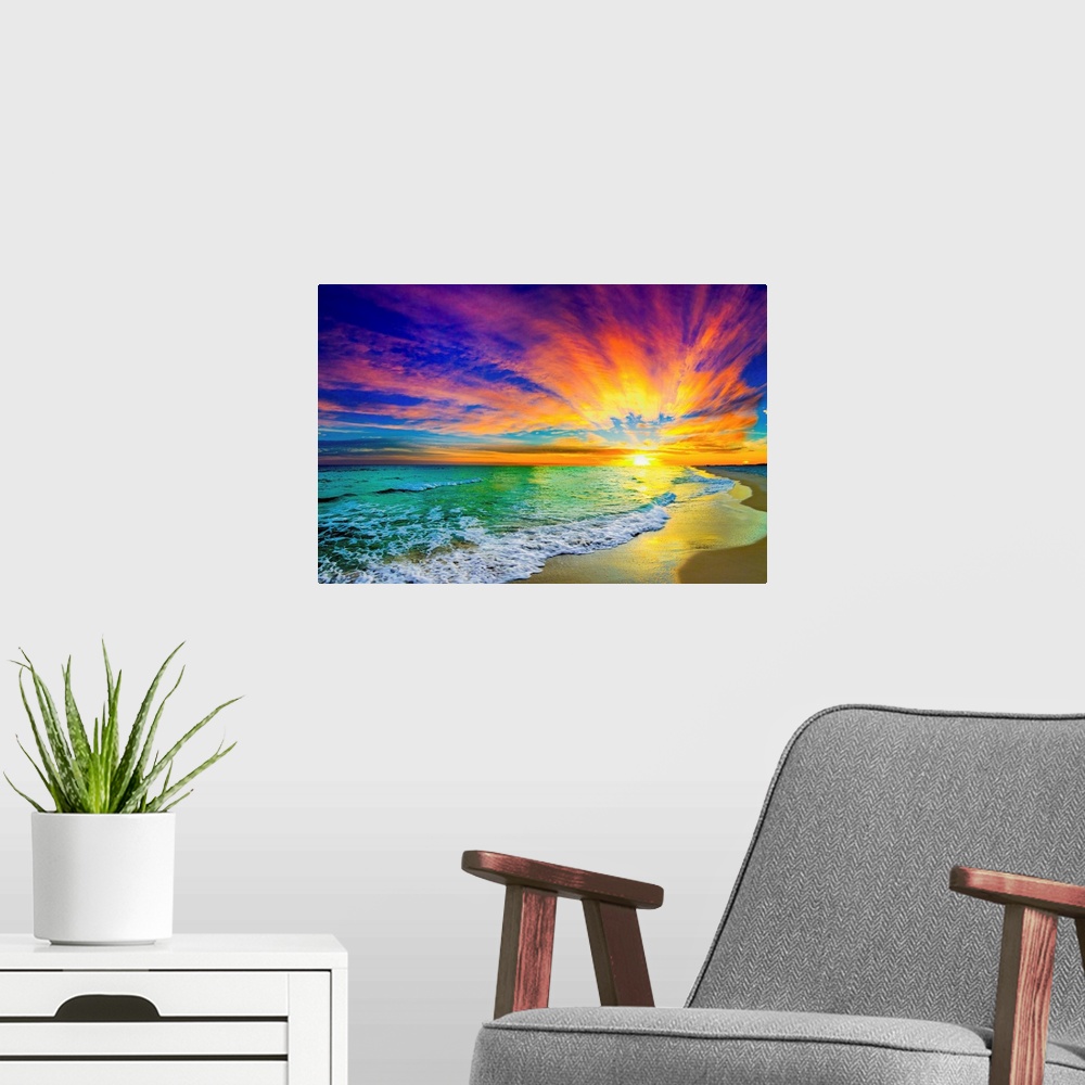 A modern room featuring A landscape of a colorful ocean sunset in this green sea photo. An art print featuring waves on t...