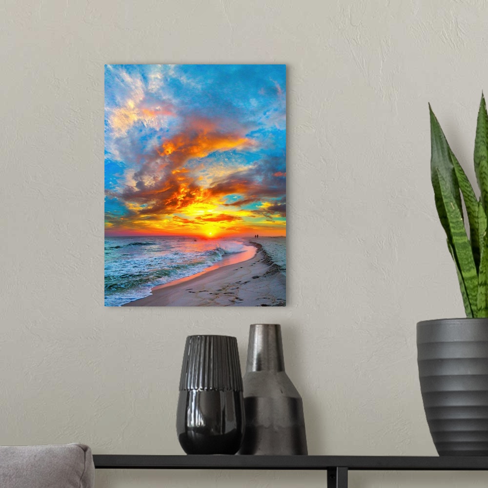 A modern room featuring A dark shoreline before a bright burning red sunset.  Landscape taken on Navarre Beach, Florida.