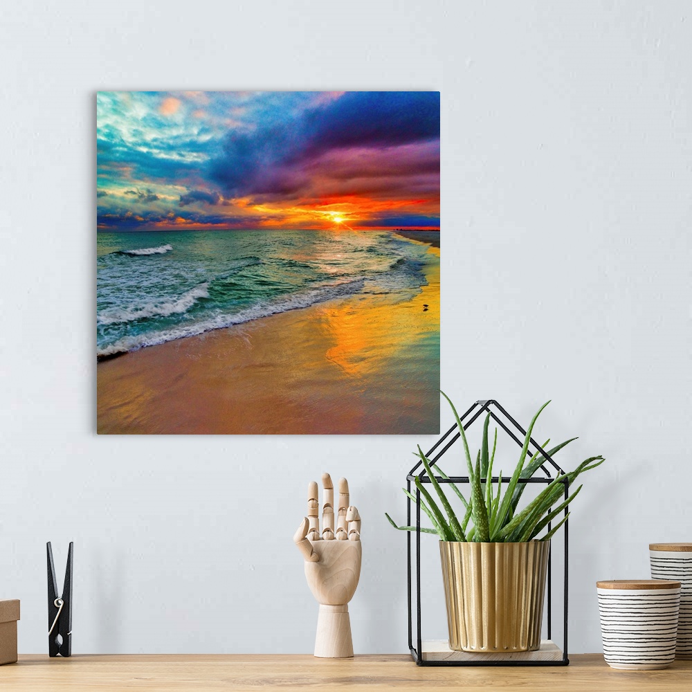 A bohemian room featuring A square image of a colorful swirling sunset.