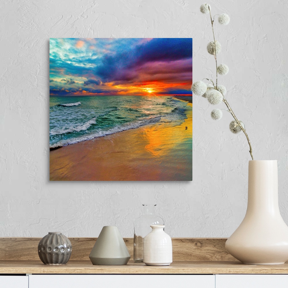 A farmhouse room featuring A square image of a colorful swirling sunset.