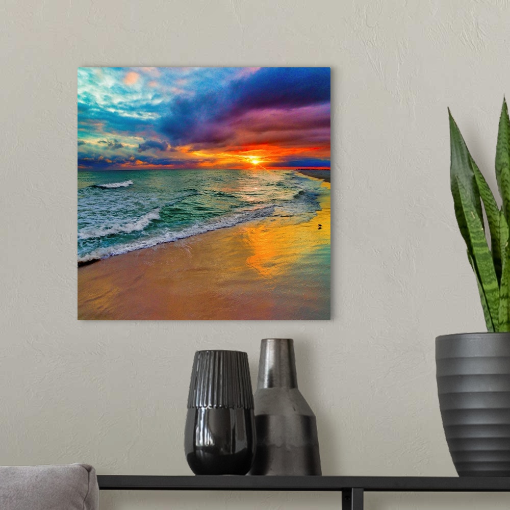 A modern room featuring A square image of a colorful swirling sunset.