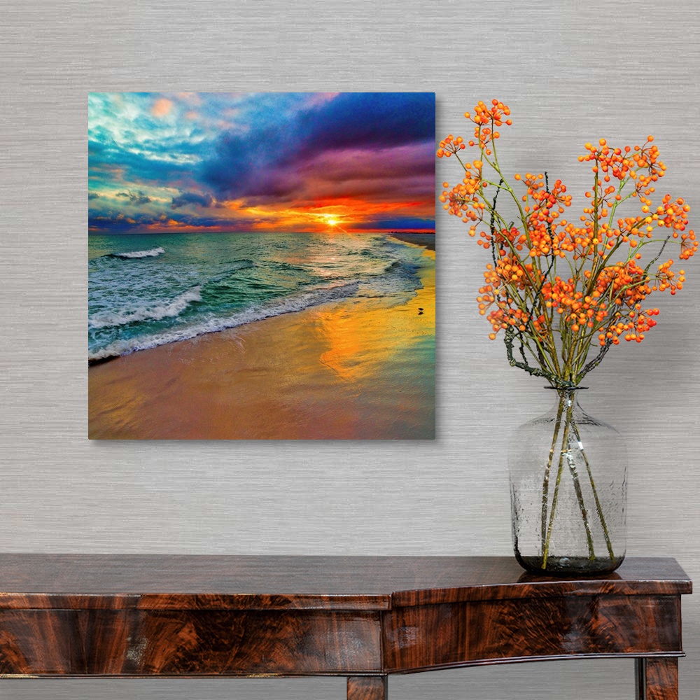 A traditional room featuring A square image of a colorful swirling sunset.