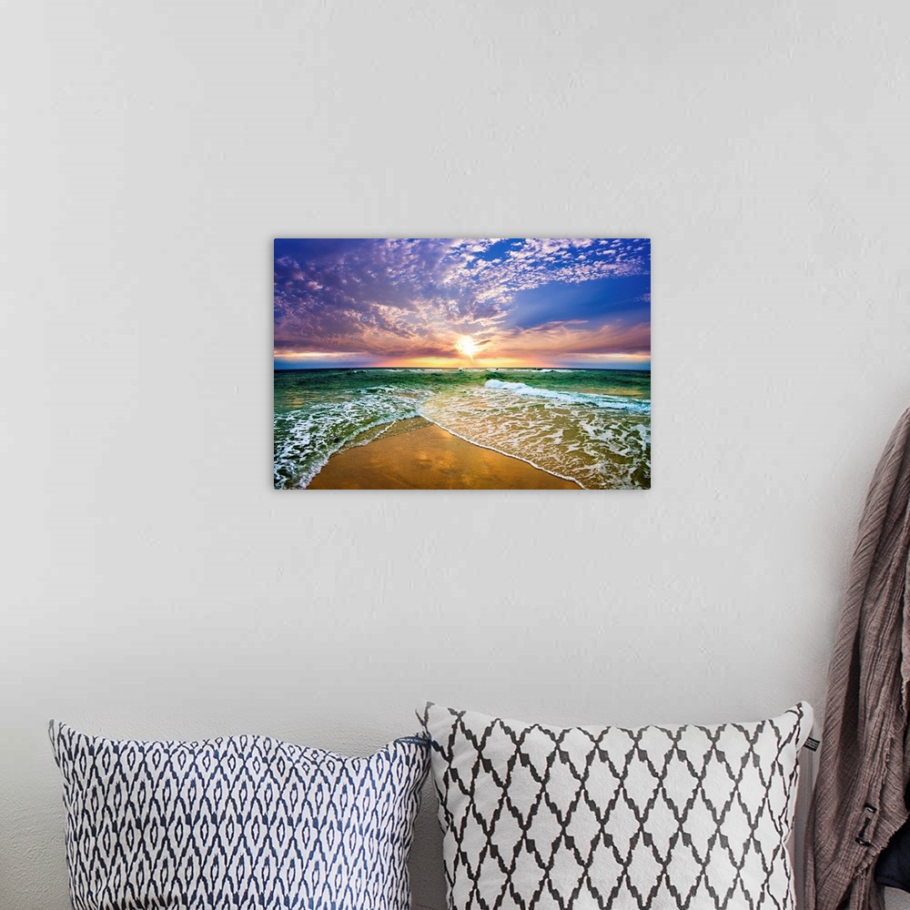 A bohemian room featuring This colorful beach sunset pictures a green sea as it disappears into a beautiful purple sunset. ...