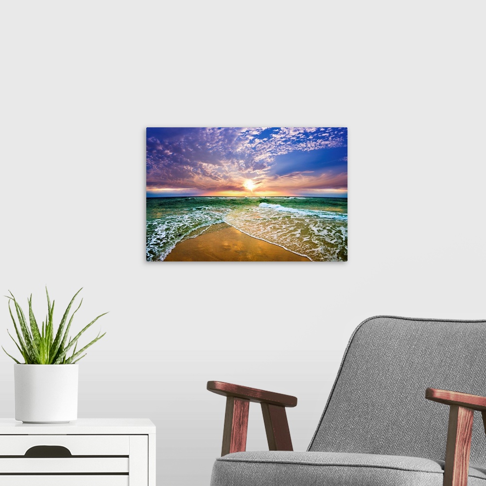A modern room featuring This colorful beach sunset pictures a green sea as it disappears into a beautiful purple sunset. ...