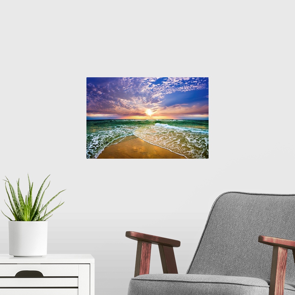 A modern room featuring This colorful beach sunset pictures a green sea as it disappears into a beautiful purple sunset. ...