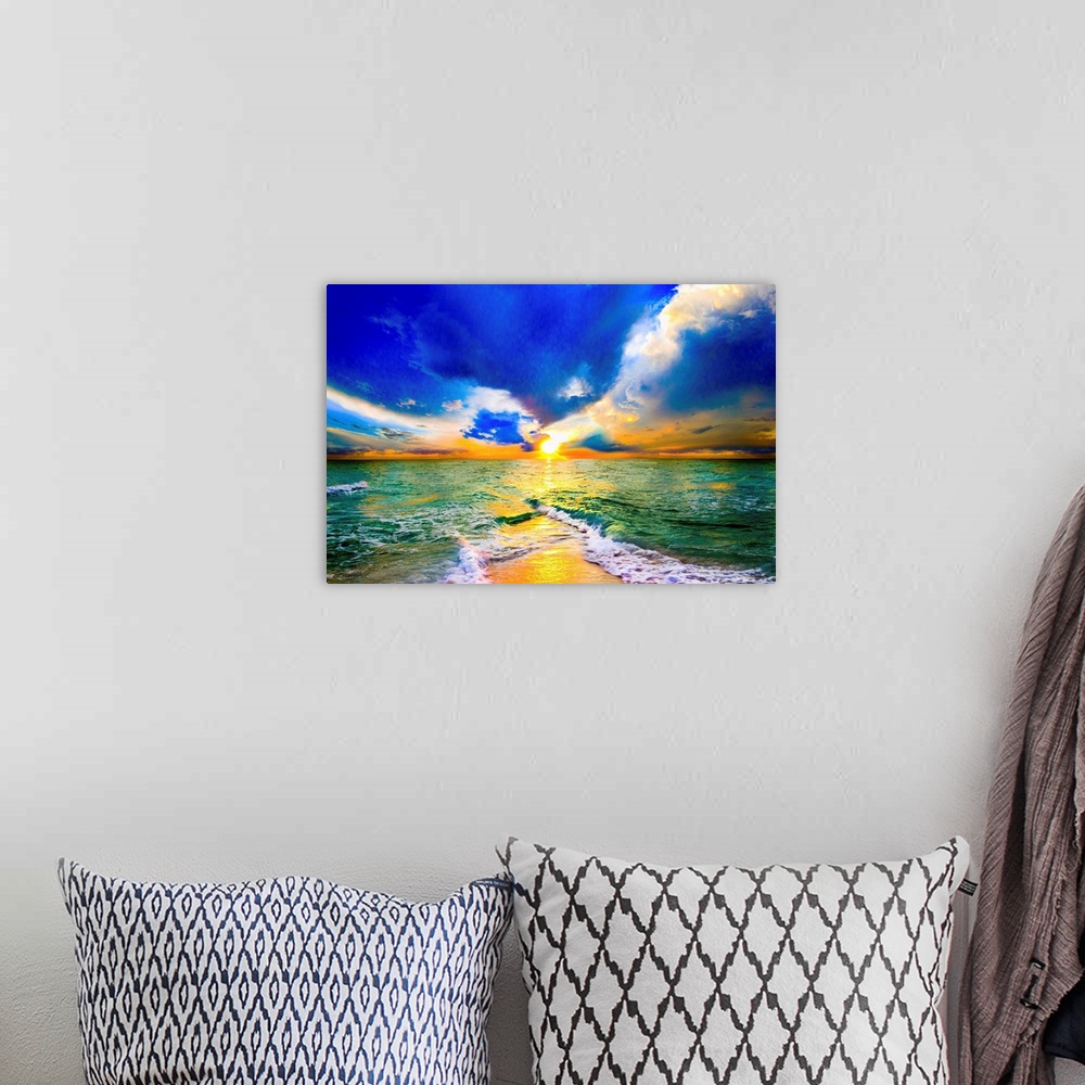 A bohemian room featuring This is a colorful sunset over ocean landscape. A seascape with green waves on the shore before a...