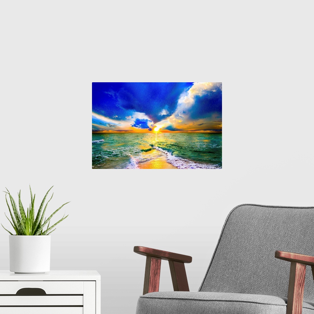 A modern room featuring This is a colorful sunset over ocean landscape. A seascape with green waves on the shore before a...