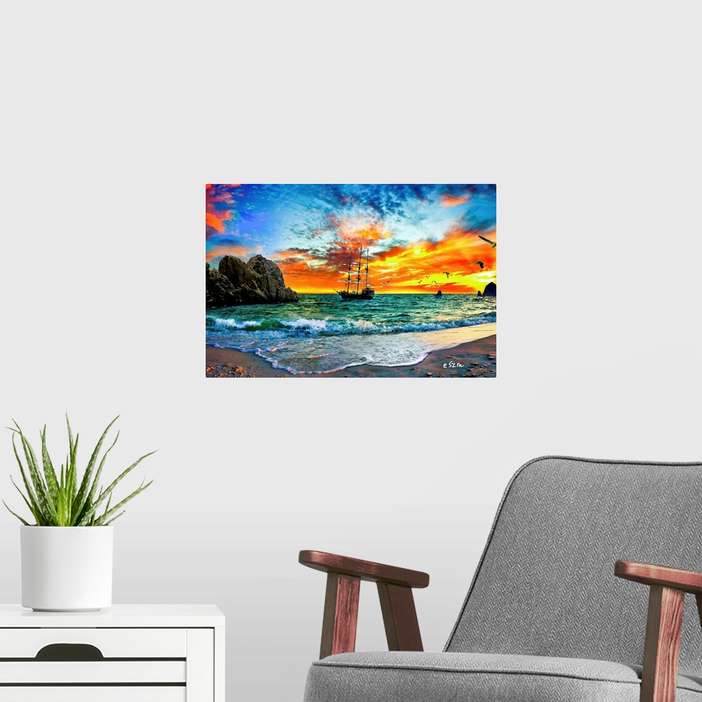 A modern room featuring Fantasy art featuring a pirate ship sailing into the sunset in Cabo San Lucas.
