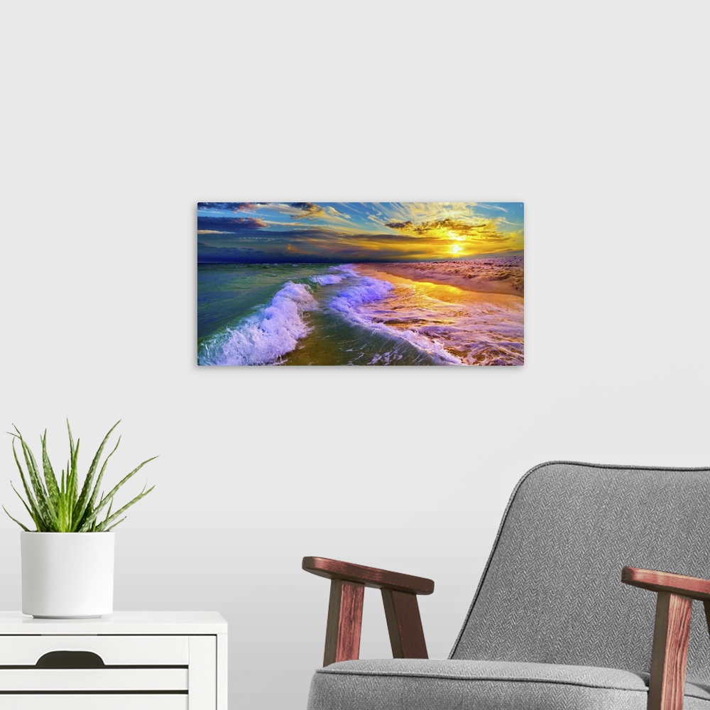 A modern room featuring A Golden Sunset with rolling ocean waves hitting a sandy beach. The sea shore can be seen brightl...