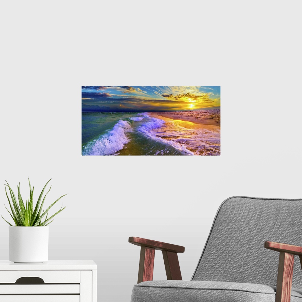A modern room featuring A Golden Sunset with rolling ocean waves hitting a sandy beach. The sea shore can be seen brightl...