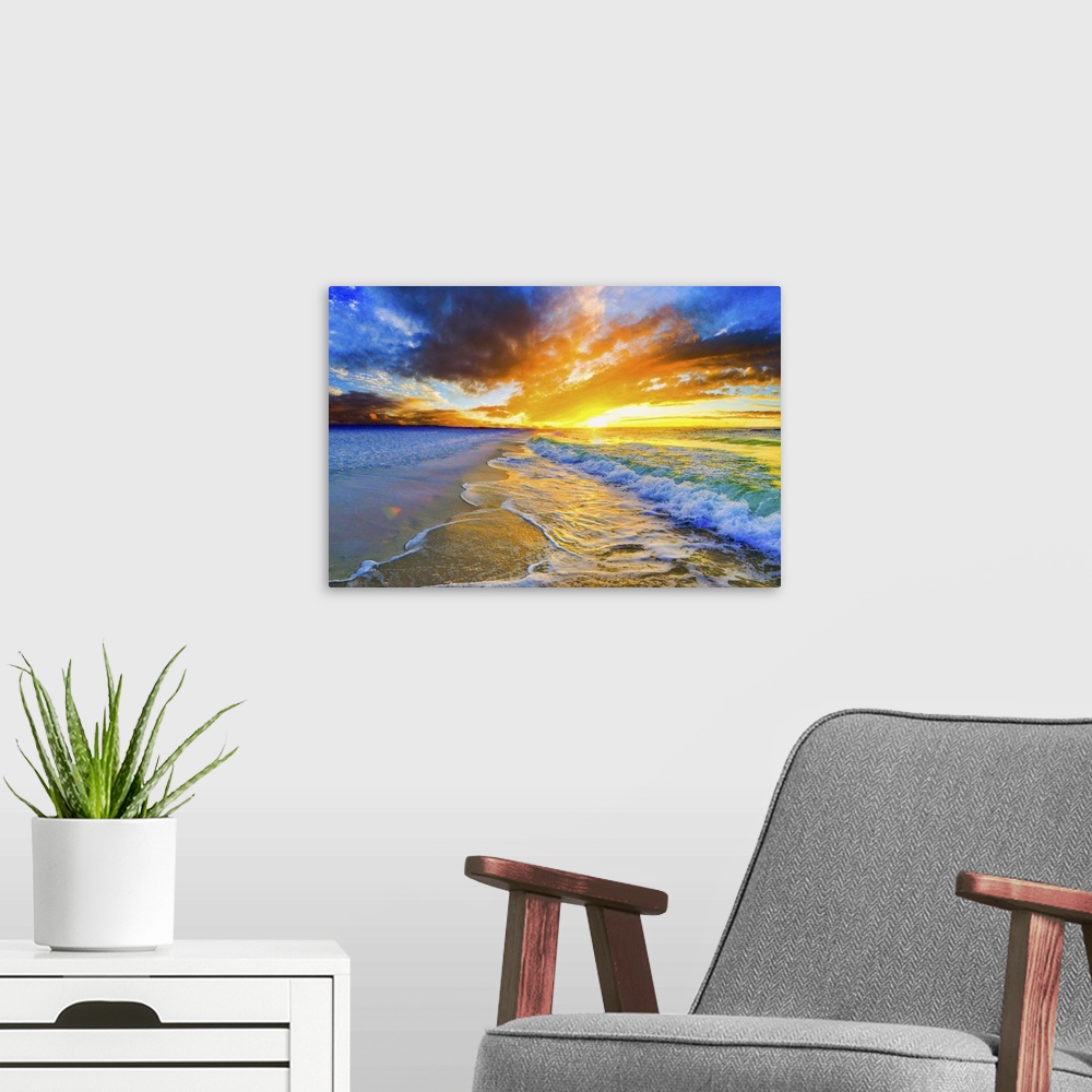 A modern room featuring A bright orange and blue sunset over a beautiful beach. Green and gold ocean waves roll across th...