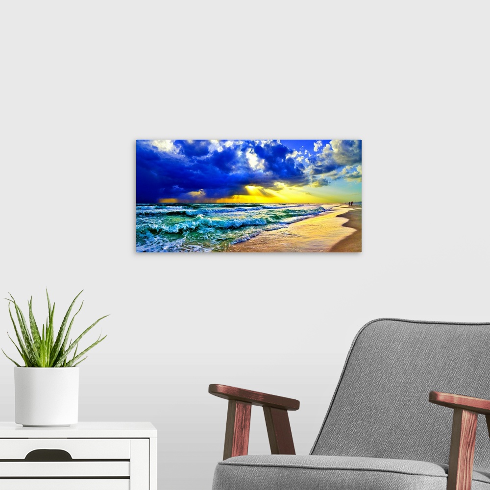 A modern room featuring Blue and green waves beneath a golden sunrays sunset. Landscape taken on Navarre Beach, Florida.