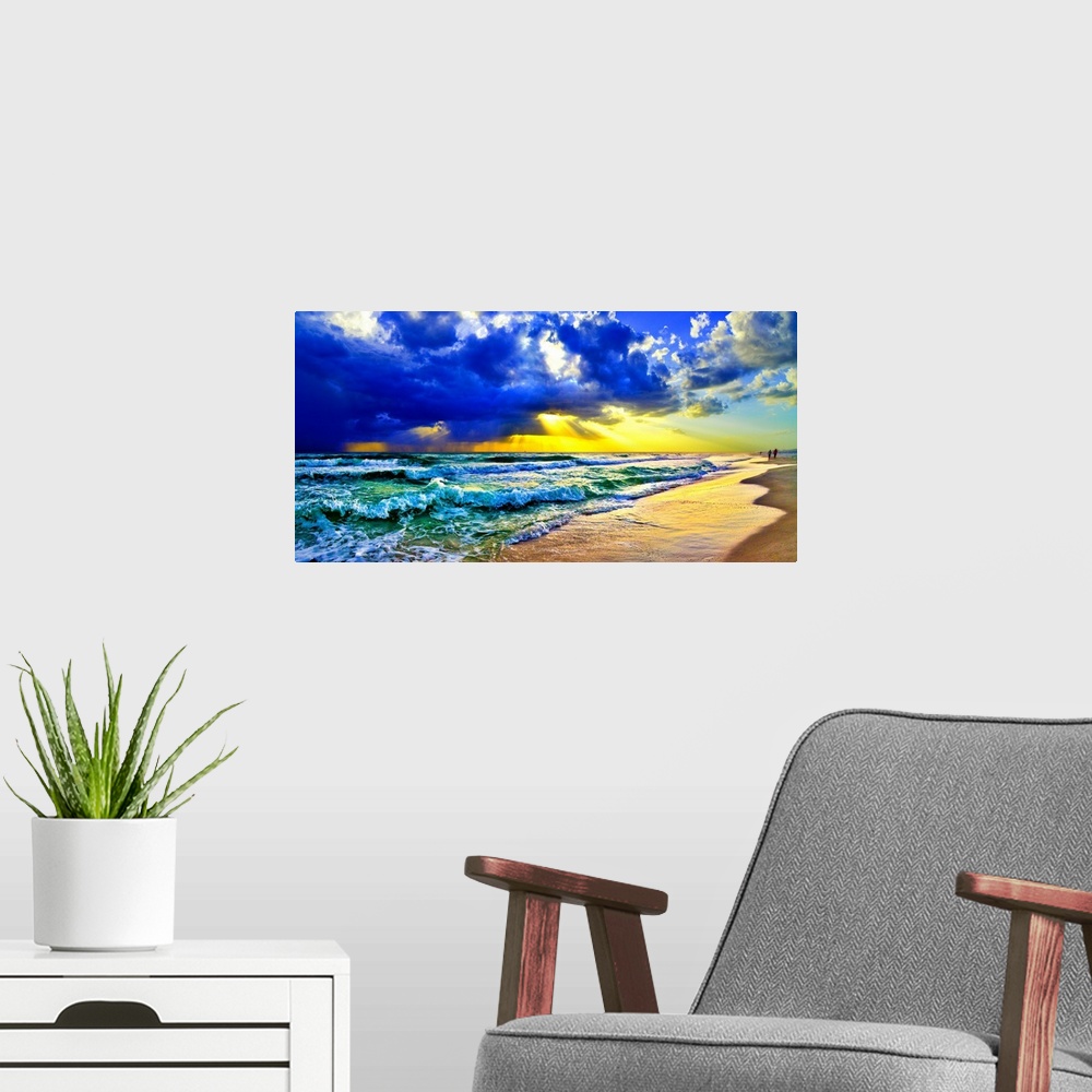 A modern room featuring Blue and green waves beneath a golden sunrays sunset. Landscape taken on Navarre Beach, Florida.