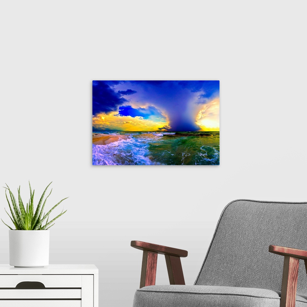 A modern room featuring A blue cloud plume over a green seascape. Green waves crash onto the sandy sea shore. Landscape t...