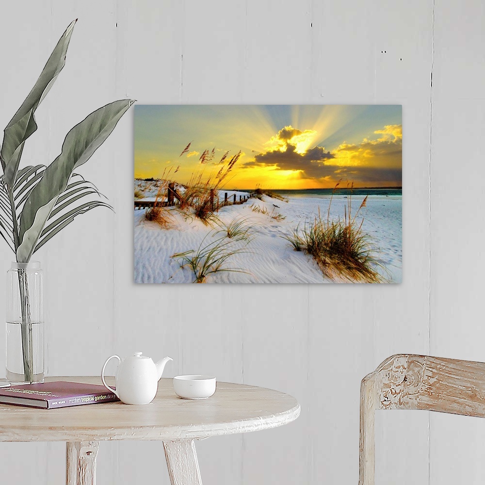 A farmhouse room featuring Landscape photograph of a golden beach sunset along a beautiful coast. This golden sunset has mag...