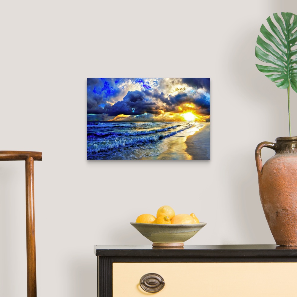 A traditional room featuring A beautiful ocean landscape featuring a beach sunset with dark and bright amazing layered clouds.