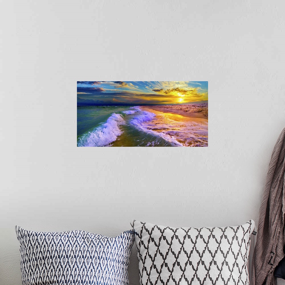 A bohemian room featuring Ocean waves crash on the shore in this ocean sunset panorama with amazing clouds. This features b...