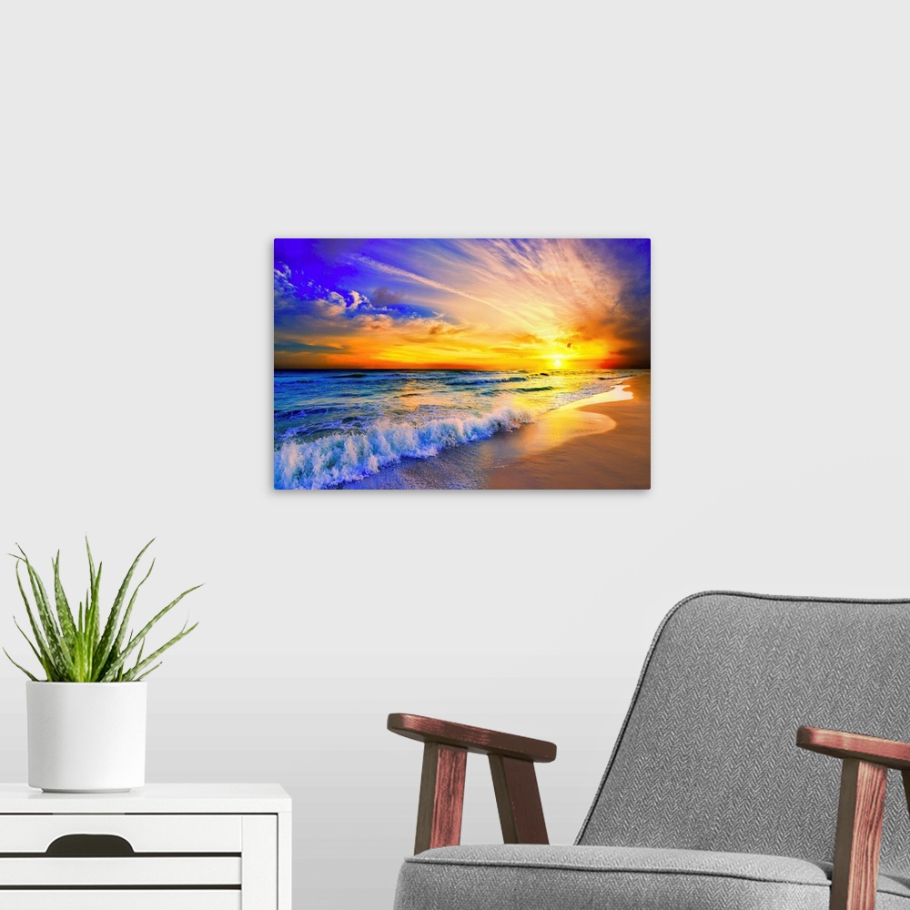 A modern room featuring A bright orange sunset with waves crashing on the beach. There is a beautiful painted feel to thi...