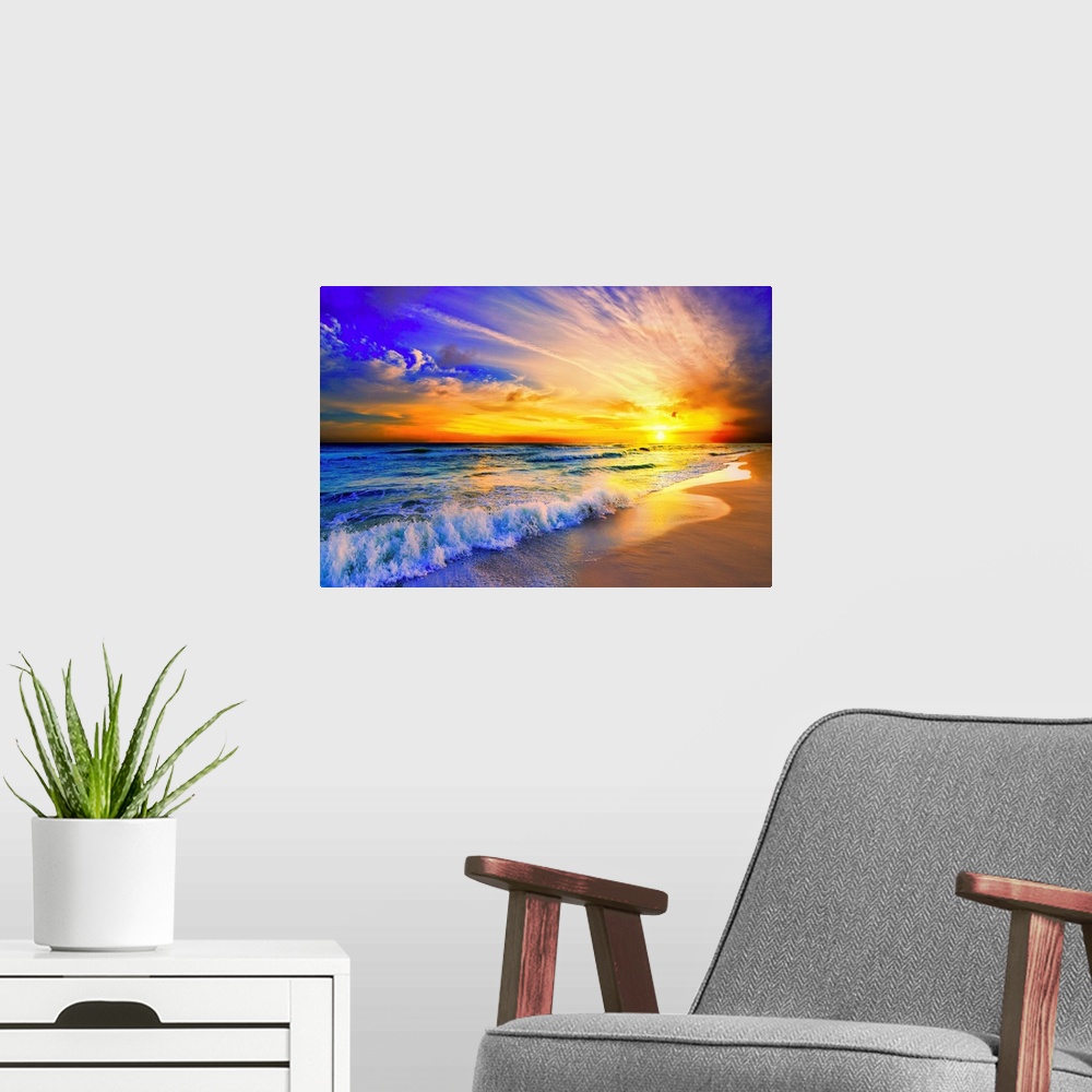 A modern room featuring A bright orange sunset with waves crashing on the beach. There is a beautiful painted feel to thi...
