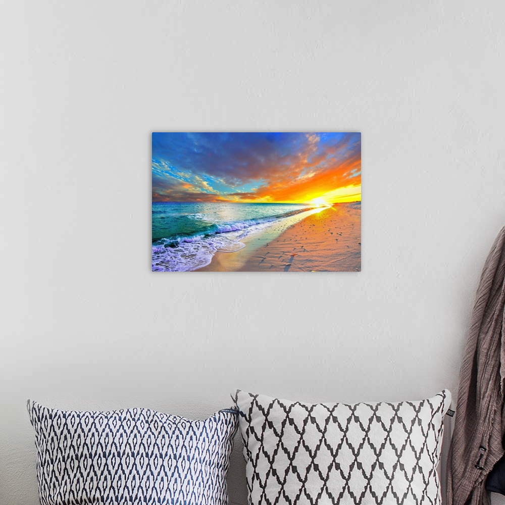 A bohemian room featuring Sea shells cast shadows on the shore next to a turquoise ocean with an orange sunset on the beach.