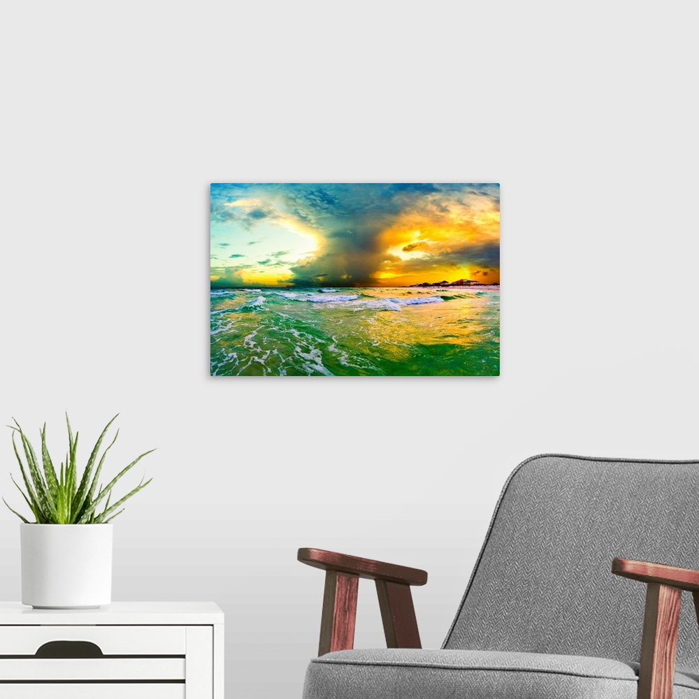 A modern room featuring A cloud plume over a green seascape. Green waves crash onto the sandy sea shore. Landscape taken ...