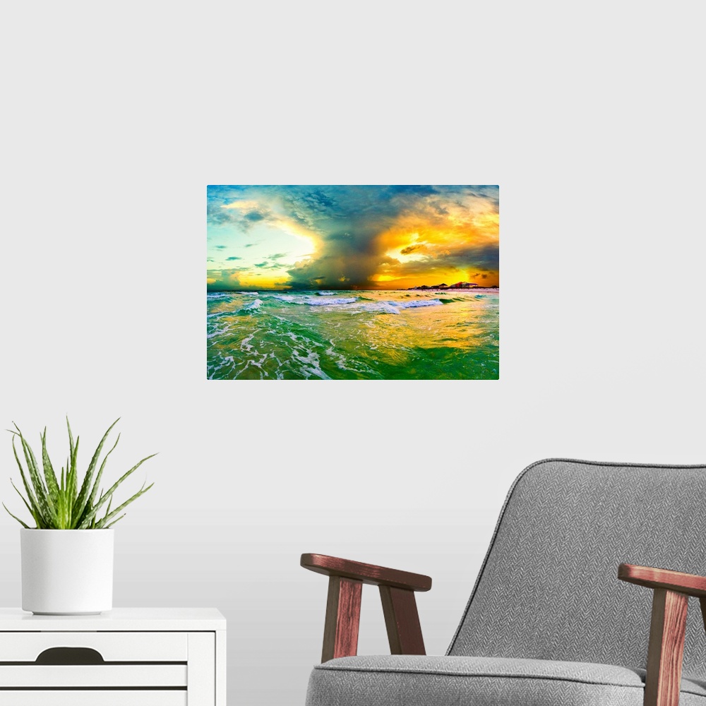 A modern room featuring A cloud plume over a green seascape. Green waves crash onto the sandy sea shore. Landscape taken ...