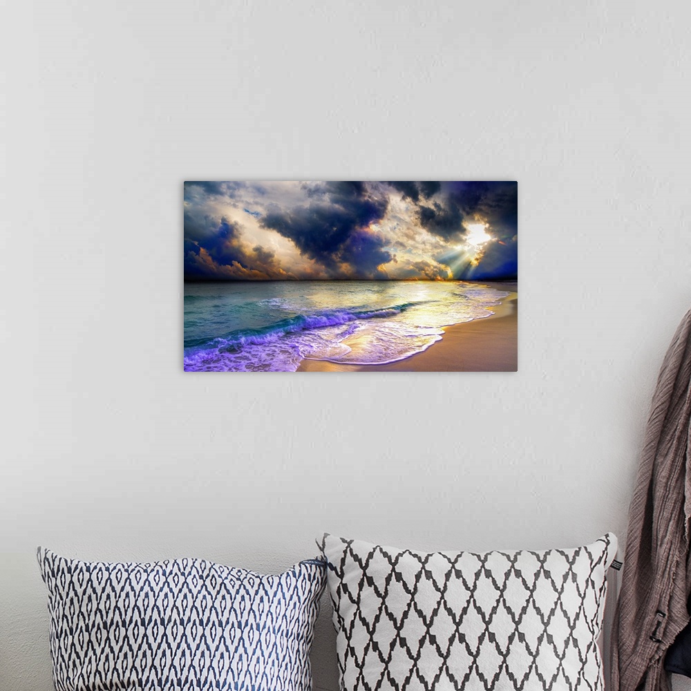 A bohemian room featuring A panoramic beach sunset with blue clouds and ocean waves.