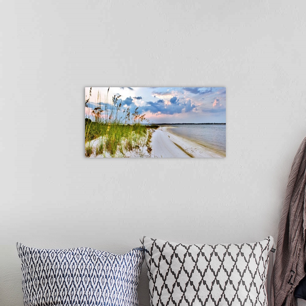 A bohemian room featuring A panoramic with blue and purple clouds over a grassy beach. Sea Oats can be seen reaching into t...