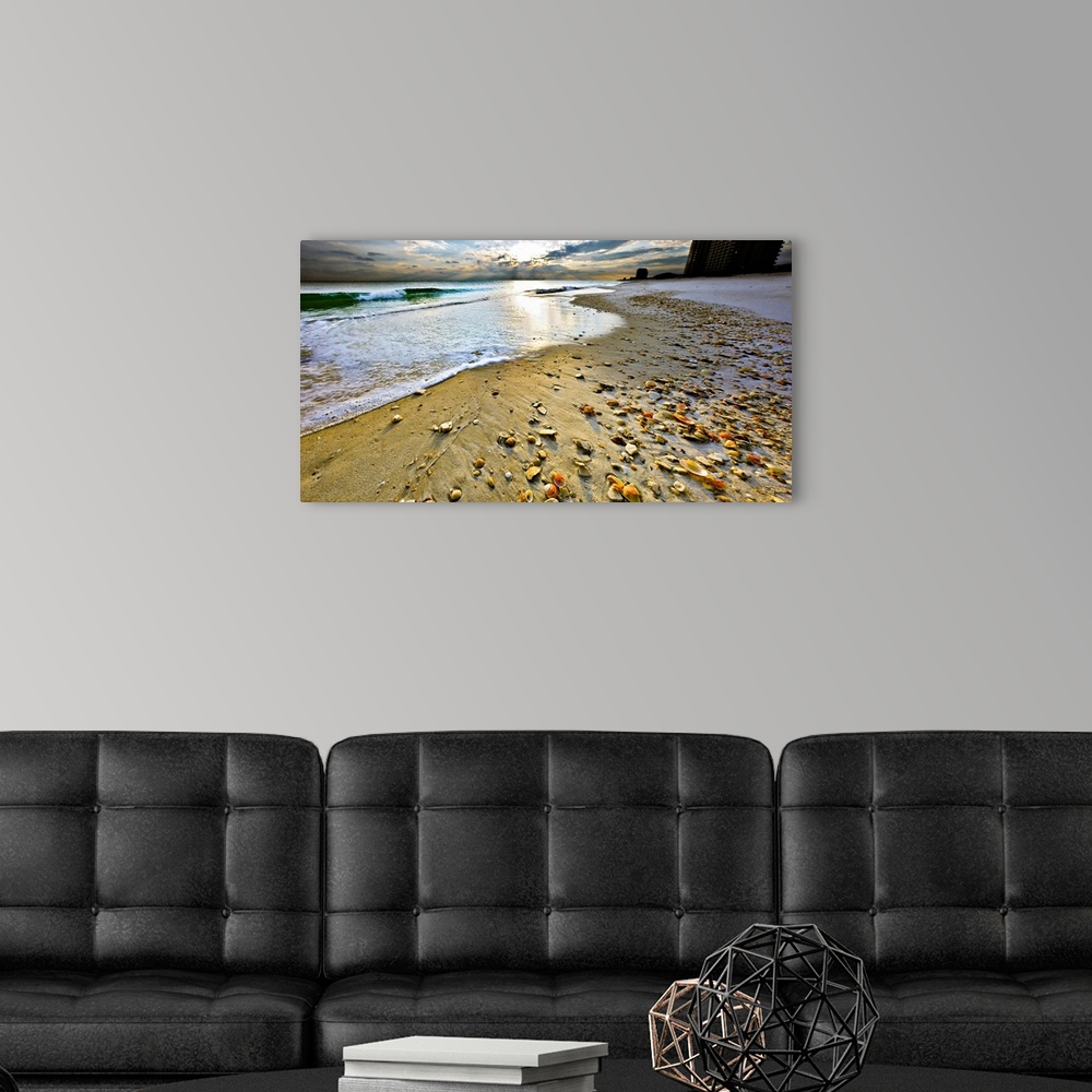 A modern room featuring Beach shells in this panoramic sunset with a calm blue seascape and sky. Landscape taken on Navar...