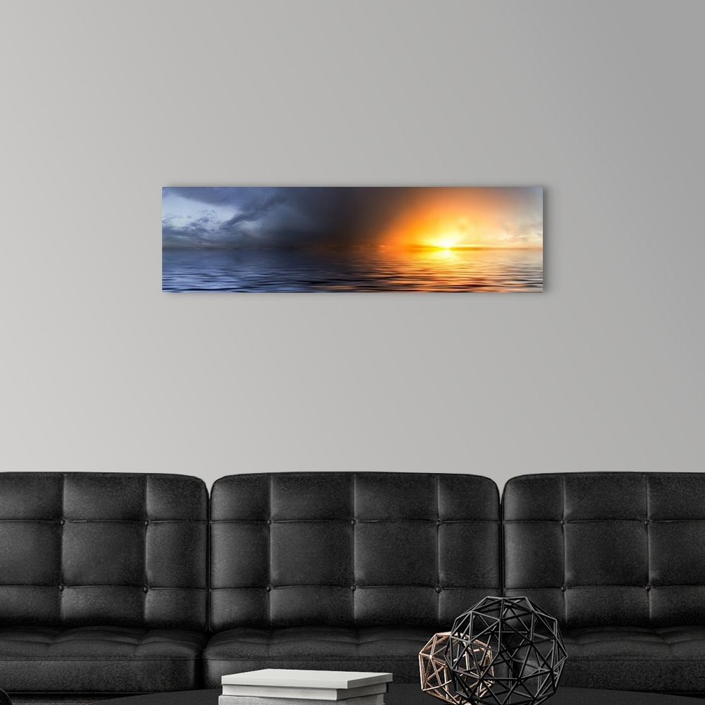 A modern room featuring A panoramic sunset of a red sky over a dark ocean seascape.