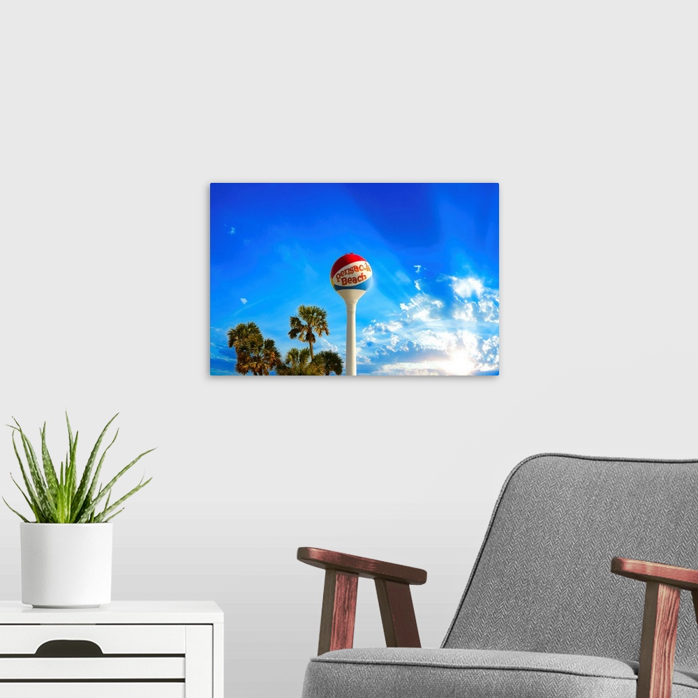 A modern room featuring Pensacola Beach Ball Water Tower and Palm Trees in this skyscape.