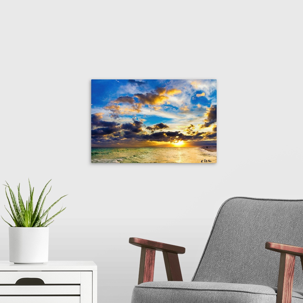 A modern room featuring Blue and gold cloudscape in Pensacola Florida during a bright sunset.