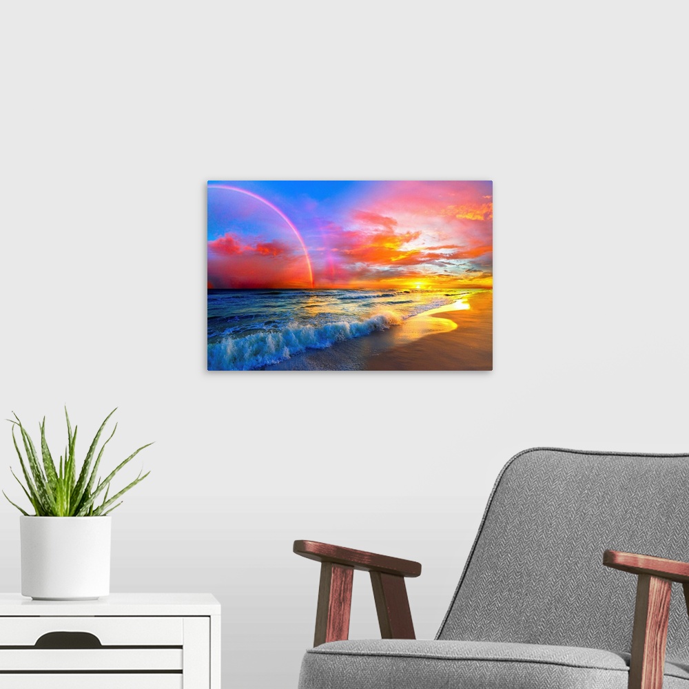 A modern room featuring A beautiful colorful pink rainbow and sunset over ocean waves of a sandy beach. The colors and li...