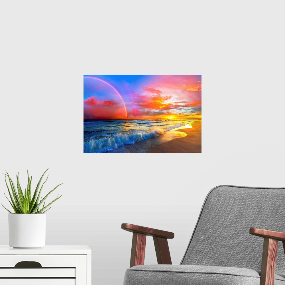 A modern room featuring A beautiful colorful pink rainbow and sunset over ocean waves of a sandy beach. The colors and li...