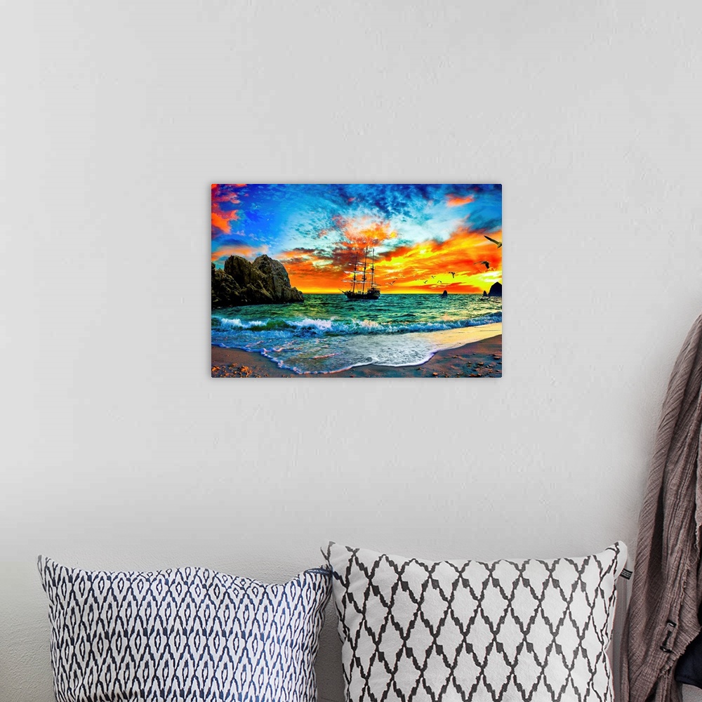 A bohemian room featuring A pirate ship sailing into the sunset behind rocky cliffs. This makes a great print for any pirat...