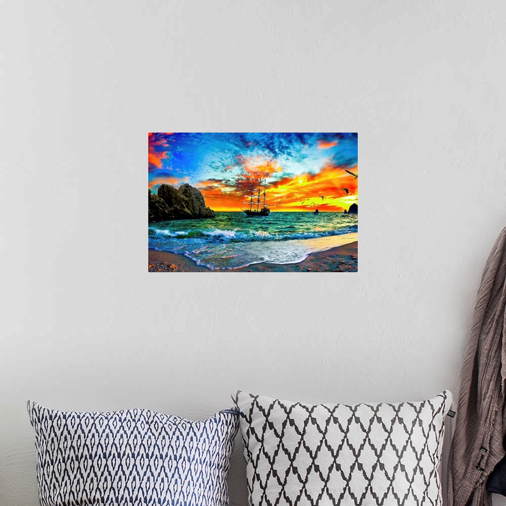 A bohemian room featuring A pirate ship sailing into the sunset behind rocky cliffs. This makes a great print for any pirat...