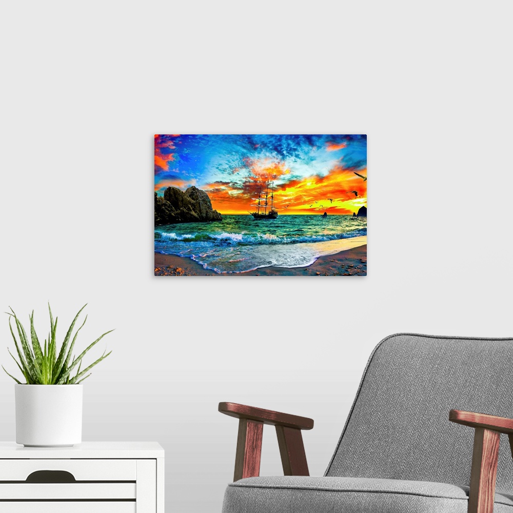 A modern room featuring A pirate ship sailing into the sunset behind rocky cliffs. This makes a great print for any pirat...