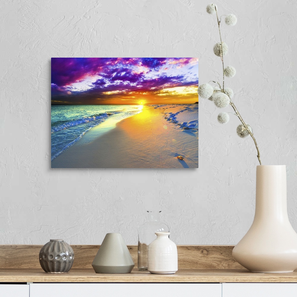 A farmhouse room featuring A beautiful purple and blue sunset over a sandy beach shoreline. The ocean takes up a small part ...