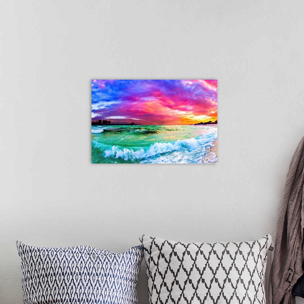 A bohemian room featuring A purple and blue sunset with a rolling ocean wave in this beautiful seascape.