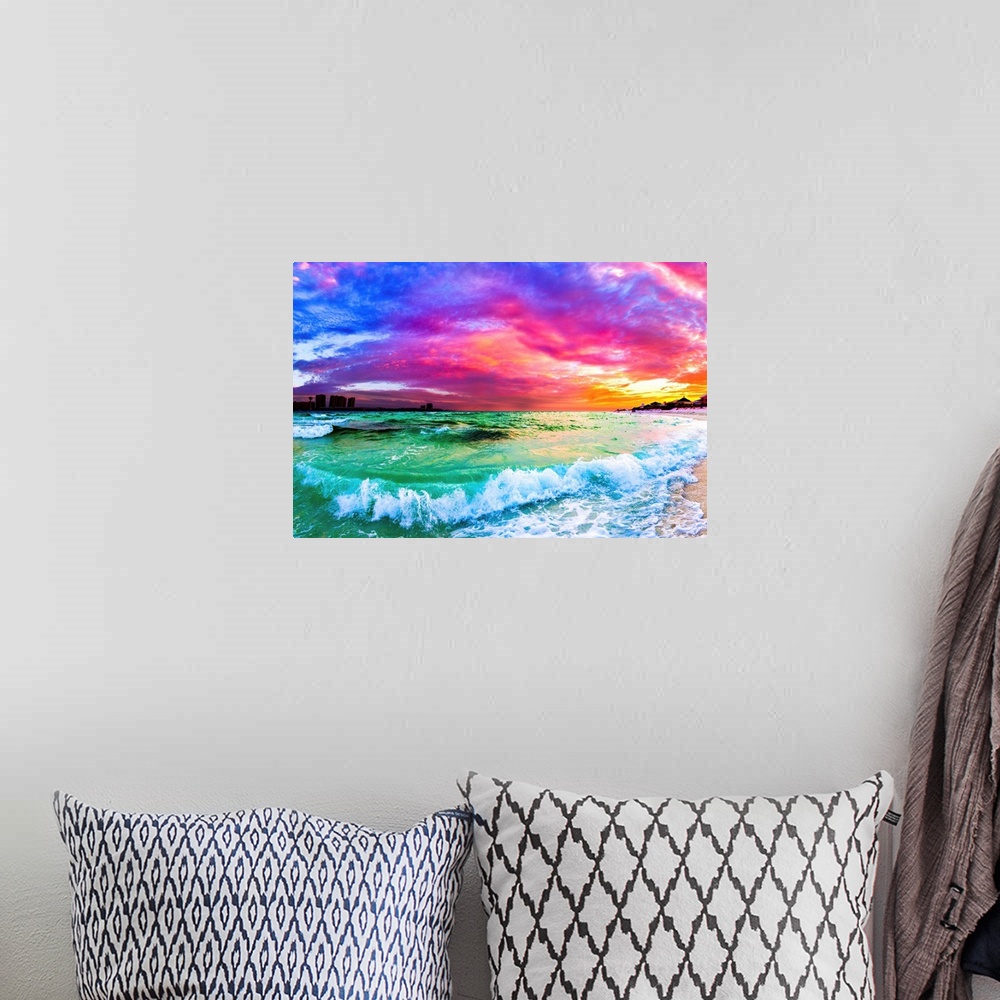 A bohemian room featuring A purple and blue sunset with a rolling ocean wave in this beautiful seascape.