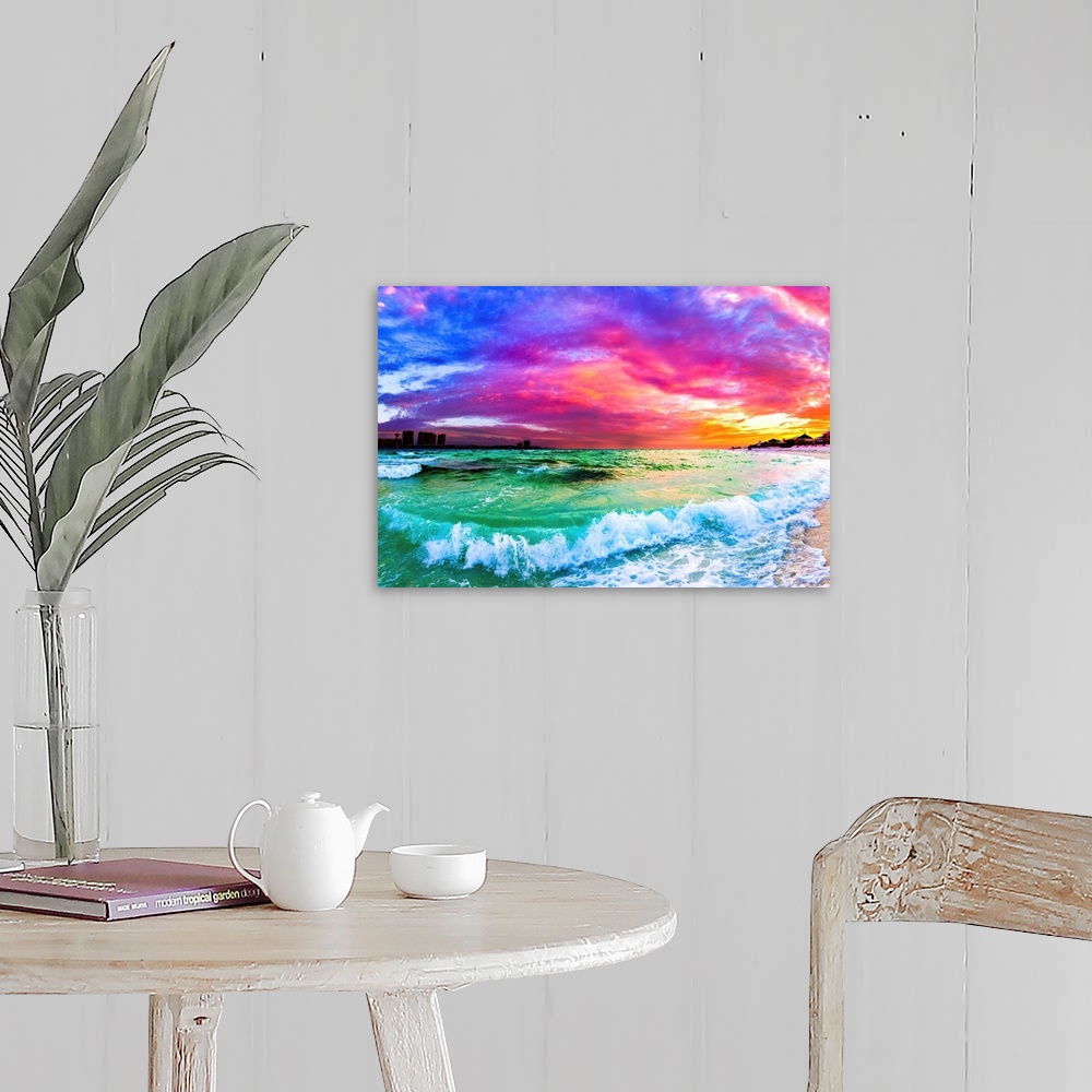 A farmhouse room featuring A purple and blue sunset with a rolling ocean wave in this beautiful seascape.