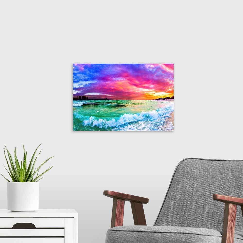 A modern room featuring A purple and blue sunset with a rolling ocean wave in this beautiful seascape.