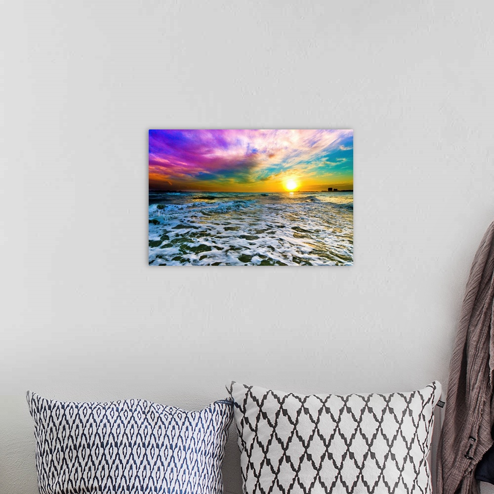 A bohemian room featuring A purple cloud sunset over a checkered sea.