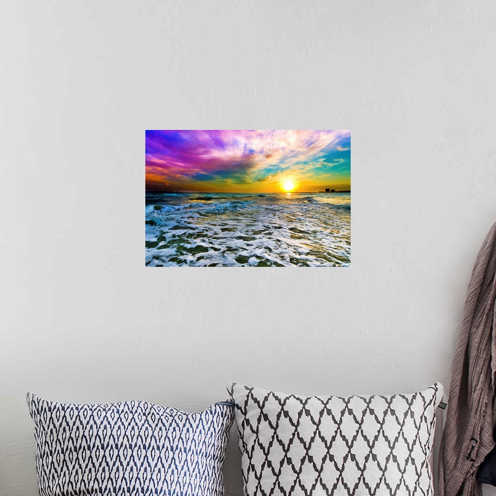 A bohemian room featuring A purple cloud sunset over a checkered sea.
