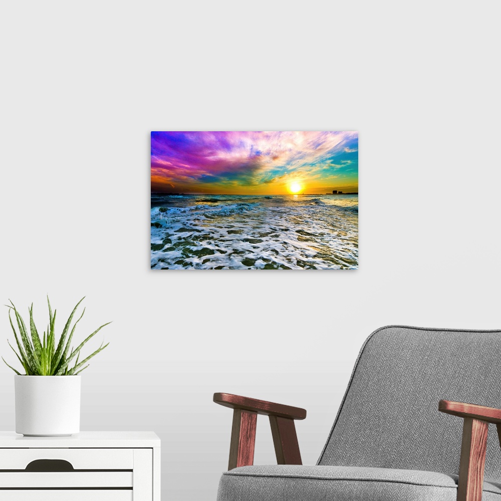 A modern room featuring A purple cloud sunset over a checkered sea.